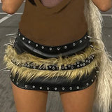 Fashionkova  Nye Outfit Punk Faux Fur Belt Y2K Metal Studded PU Leather Plush Waist Chain Faux Fur Belts Furry Sexy Vintage Waistband Hiphop Jeans Belt