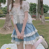 FashionKova-Kawaii Lace Skirt Cute Hot Girl Clothing Summer Cake skirt Casual Loose Korea Blue 2000s Sweet Women Skirts Low-waist Y2k Skirts
