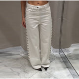 Fashionkova Casual Bead Jean Women Loose High Waisted Pockets Zipper All-match Straight Leg Trouser Female 2025 Y2k High Street Lady Outwear