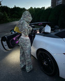 FashionKova-Zipper hoodie Camouflage sweatpants 2-piece set Y2K Women's clothing Goth Alphabet embroidered pullover Sweatshirt casual pants