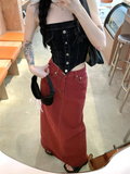 Fashionkova  Party Outfit  Women's Red Split Back Denim Skirt Summer Chic Design Street Style Solid Color Female Straight Floor Length Long Skirts