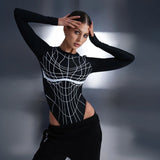 Fashionkova  Party Outfit  Apprabant Women Striped Printed Letter Streetwear Bodysuits Round Neck Long Sleeved Minimalist Tight Fitting Short Jumpsuit