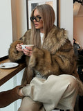 Fashionkova party look inspos Women's Brown Big Lapel Faux Fur Fury Fashion Fluffy Long Sleeved Thick Warm Fury Jacket 2024 Winter Lady Casual Street Outwear