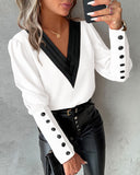 Fashionkova party look inspos Office Ladies V-neck Button Shirt Blouse Spring Autumn Fashion Color Matching Long Sleeve Shirts For Women 2024 White Tops Femme