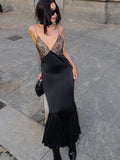 Fashionkova Satin Backless V-Neck Lace-Up Mesh Patchwork Midi Dress 2023 Summer For Women Sexy  Evening Party Elegant Clubwear