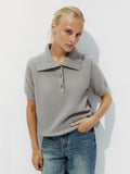 Fashionkova Wolfeel Summer New Polo Collar Hollow Knitted Short Sleeved Sweater Women's Bubble Sleeve T-shirt Female Simple Knitted Sweater Casual Outfit