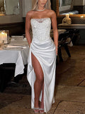Fashionkova party look inspos Fashion Sequin Satin Off Shoulder Midi Dress Women Chic Patchwork Sleeveless Backless Midi Dress Sexy High Split Lady Vestidos