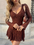 Fashionkova  Nye Outfit Tossy Autumn V-Neck Lace Mini Dress Female Patchwork See-Through Fashion Elegant Hollow Out Party Dress Women's 2025 New Dress