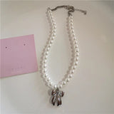 Fashionkova Gothic Cute Y2K Stainless Steel Bow Heart Pink Cross Pendant Beaded Pearl Snake Chain Necklace For Egirl 2000s EMO Acssesories