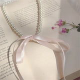Fashionkova Kpop Goth Lolita Y2K Romantic Pearl Beaded Choker Fashion Pink Black Adjustable Bow Necklace Banquet Wedding Jewelry Accessories