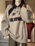 Fashionkova Vintage Letter Print Splice Half Zip Sweatshirt