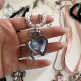 Fashionkova Gothic Cute Y2K Stainless Steel Bow Heart Pink Cross Pendant Beaded Pearl Snake Chain Necklace For Egirl 2000s EMO Acssesories