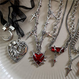 Fashionkova Red Thorn Heart Patchwork Star Cross Tassel Pendant Chain Necklaces Women Men Goth Punk Hip Hop Party Grunge Y2K Jewelry Gifts