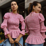 Fashionkova party look inspos Chic Plaid Printed Ruffle Pleated T Shirt for Women Casual Puff Long Sleeve Round Collar Top Female 2024 New Ladies Loose Blouse