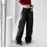 Fashionkova Party Outfit Striped Sweatpants Women Hip Hop Streetwear Baggy Wide Leg Cargo Pants Bf Y2K High Waist Drawstring Joggers Trousers