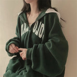 Fashionkova Vintage Solid Color Letter Print Half Zip Up Hoodie