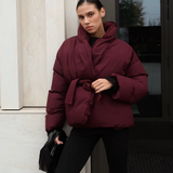 Fashionkova party look inspos Burgundy Thick Warm Cotton Jacket Stand Collar Long Sleeve Short Coat Lace Up Casual Coats 2024 Winter Lady Commuter Outerwear