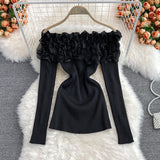 Fashionkova Women Elastic Knit Off Shoulder Chic Floral Sexy Blouse Korean Fashion Slim Sweater Women Casual Autumn Winter Top Outfit Ideas