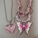 Fashionkova Goth Exaggerated Pink Butterfly Glass Heart Pendant Short Choker Chain Necklace Women Charms Rave Jewelry Y2K Scene Accessories