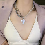 Fashionkova Y2K Trendy Beads Chain Women Cross Necklace Imitation Pearl Bead Titanium Steel Cuban Chain Necklace For Men Jewelry Gift