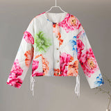 Fashionkova Party Outfit Fashion Floral Printed Jackets Cotton Women Elegant O-neck Single Breasted Draw Rope Female Coat 2024 Autumn Lady Casual Coats