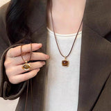 Fashionkova Trendy Punk Tiger Eye Stone Leather Rope Adjustable Necklace For Women Men Stuff Couple Charms Jewelry  Scene EMO Accessories