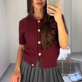 Fashionkova Combhasaki Women's Y2K Chic Cable Knitwear Cardigans Striped Short Sleeve Button-down Round Neck Cropped Slim Fit Sweater Tops Casual Outfit