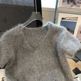 Fashionkova Matakawa Grey Mohair Short Pullovers V Neck Spring Autumn Korean Fashion Chic Women Sweaters Solid Vintage Basics Pull Femme Outfit Ideas