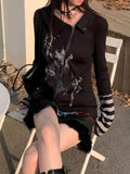 Fashionkova  Party Outfit  American Retro Gothic Hoodie Women Grunge Y2k Vintage Punk Graphic Striped Patchwork Zipper Tees Tops 2025 Spring Chic