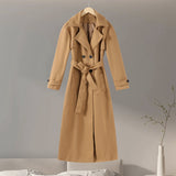 Fashionkova Party Outfit Vintage Turn-down Collar Long Coats With Belts Women Casual Double-Breasted Shoulder Pads Maxi Coat Autumn Elegant Chic Outwear