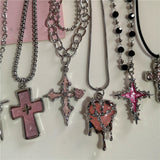 Fashionkova Gothic Pink Cross Heart Pendant Choker Necklace For Women Egirl Hip Hop Rope Chain Punk Y2K Charms Aesthetic Jewelry Accessories