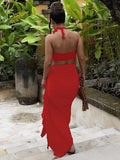 Fashionkova Sexy Matching Suit Floral Strapless Ruched Crop Tops Ruffles Split Midi Dress Sets Women Outfits Summer Party Club Y2K