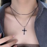 Fashionkova Hiphop/Rock Cross Necklaces Hot Punk Black Zircon Bead Long Layered Pendant Necklace for Woman Men Goth Jewelry Anniversary Gift