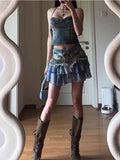 Fashionkova Summer Women Korean Fashion Gauze Patchwork Mini Denim Skirt Cutecore Gyaru Coquette 2000s Coquette Y2k Streetwear Grunge Design