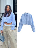 Fashionkova Women's Cropped Shirt Fashion Woman Blouse 2025 White Blue Striped Shirts and Blouses Autumn Long sleeve Short Top Female Valentine's Day Aesthetic