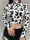 Fashionkova party look inspos Sexy Women Milk Cow Pattern Print Crop Top Female Long Sleeve Slim Fit Holiday Fashion Casual Short T Shirt Streetwear