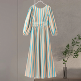 Fashionkova Striped Print Women Maxi Dress 2024 Summer Elegant O Neck Lantern Sleeve Backless Female Dresses High Waisted Ankle Length Robes ootd