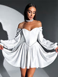 Fashionkova Elegant Velvet Short Party Dresses Women Off Shoulder Long Sleeve Bandage Mini Dress 2025 Spring Lady Christmas Evening Robes Valentine's Day Aesthetic