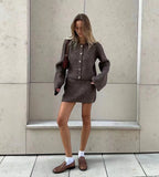 Fashionkova  Nye Outfit Winter Knitted Two Piece Set for Women Elegant Lapel Flare Sleeve Sweater Cardigan Top Mini Skirt Suit Fashion Ladies Outfits