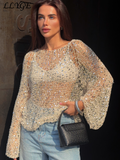 Fashionkova Fashion Women's Sequins Knit Hollow Out Pullovers Loose O-neck Long Sleeve Female Sweaters 2025 Spring Lady Shinny Chic Shirts Outfit Ideas