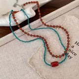 Fashionkova Retro Red Blue Contrast Colorful Natural Stone Cubes Beaded Necklace Set Women Beads Strand Chokers Aesthetic Jewelry Wholesale