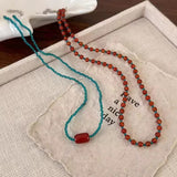 Fashionkova Retro Red Blue Contrast Colorful Natural Stone Cubes Beaded Necklace Set Women Beads Strand Chokers Aesthetic Jewelry Wholesale