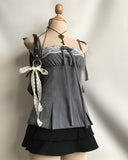 Fashionkova Strap Strap Lace collar Trim Slim-fit Blouse Grey Fashion Harajuku Retro Y2K Sleeveless summer cool Comfort Goth style Fashion Spring Style 2025