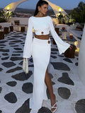Fashionkova Valentine's Day Aesthetic Trendix High Slit Long Skirt Sets Women's Sexy Backless Long Sleeve Hollow Short Top Party Elegant Sheath Skirt 2PCS Suits Women