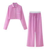Fashionkova party look inspos Fashion Pink Patchwork Long Pant Set for Women Casual Lapel Long Sleeve Shirt Wide Leg Trousers Sets 2024 Spring New 2 Pcs Set