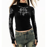 Fashionkova party look inspos Grunge Women T-Shirt Y2k Aesthetics Half high neck Tees Graphical Print  Long Sleeve Sheer Tops Punk Alternative Crop Tops EMO