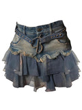 Fashionkova Summer Women Korean Fashion Gauze Patchwork Mini Denim Skirt Cutecore Gyaru Coquette 2000s Coquette Y2k Streetwear Grunge Design