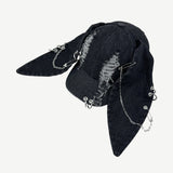 Fashionkova Niche Y2k Rabbit Ears Denim Ripped Baseball Cap Men and Women Dark Personality Metal Ring Street Trend Adjustable