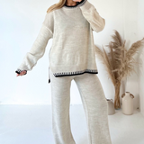 Fashionkova Party Outfit Casual Striped Knitted Set Women Elegant Split Pullover Sweater Elastic High Waist Straight Trousers Lady Outfit Autumn 2024