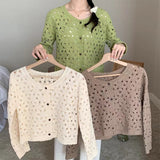 Fashionkova Long Sleeve Crochet Top for Women Sheer Button Up Hollow Out Openwork Knit Cardigan Jacket Spring Summer Boho Vacation Outfit Casual Outfit